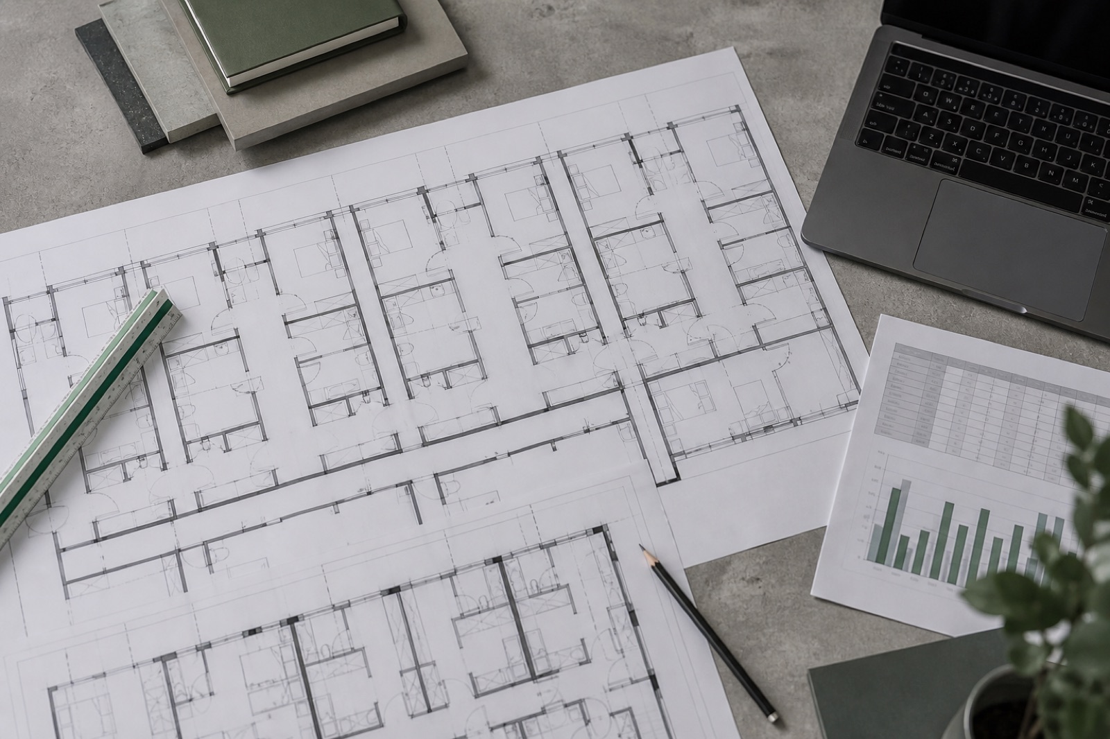 Floor plans of a student accommodation building beside an appraisal spreadsheet