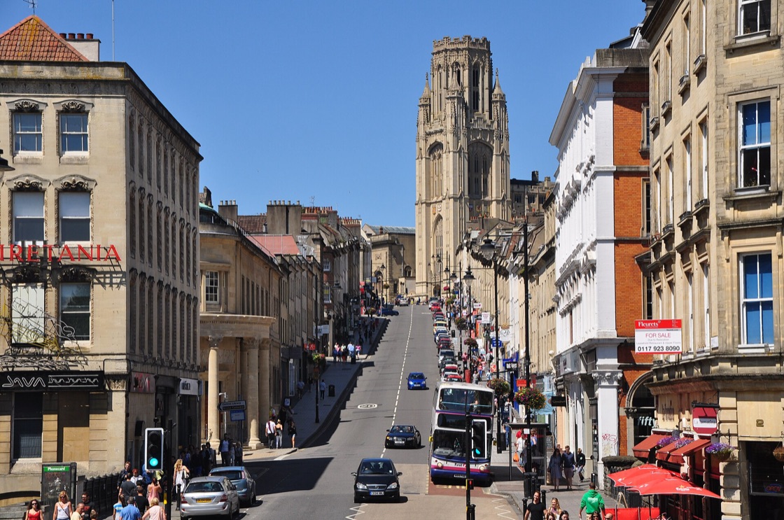 Park Street in Bristol, climbing uphill towards the Wills Memorial Building tower