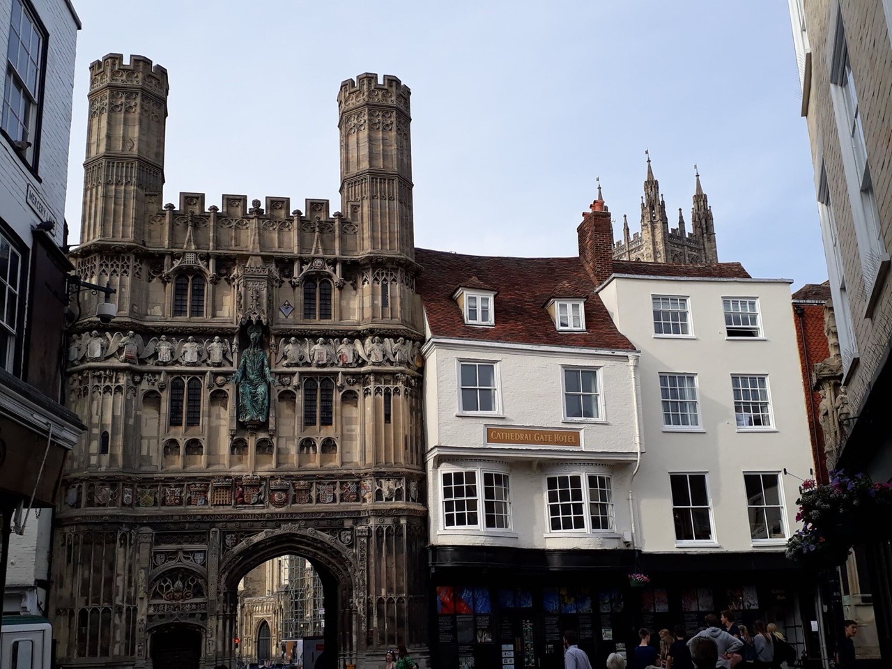 Christ Church Gate, the entrance to Canterbury Cathedral precincts, beside shops in the city centre