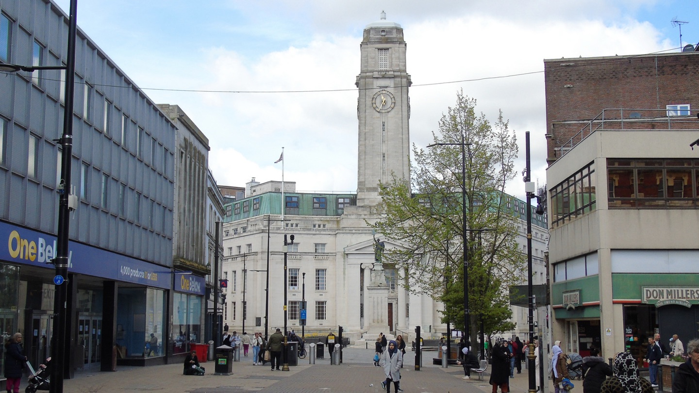 George Street in Luton town centre, looking towards the Town Hall clock tower