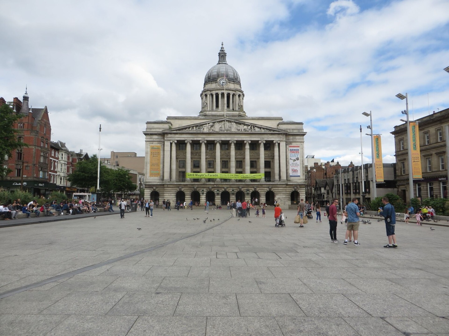 Old Market Square in Nottingham, a wide paved square in front of the domed Council House