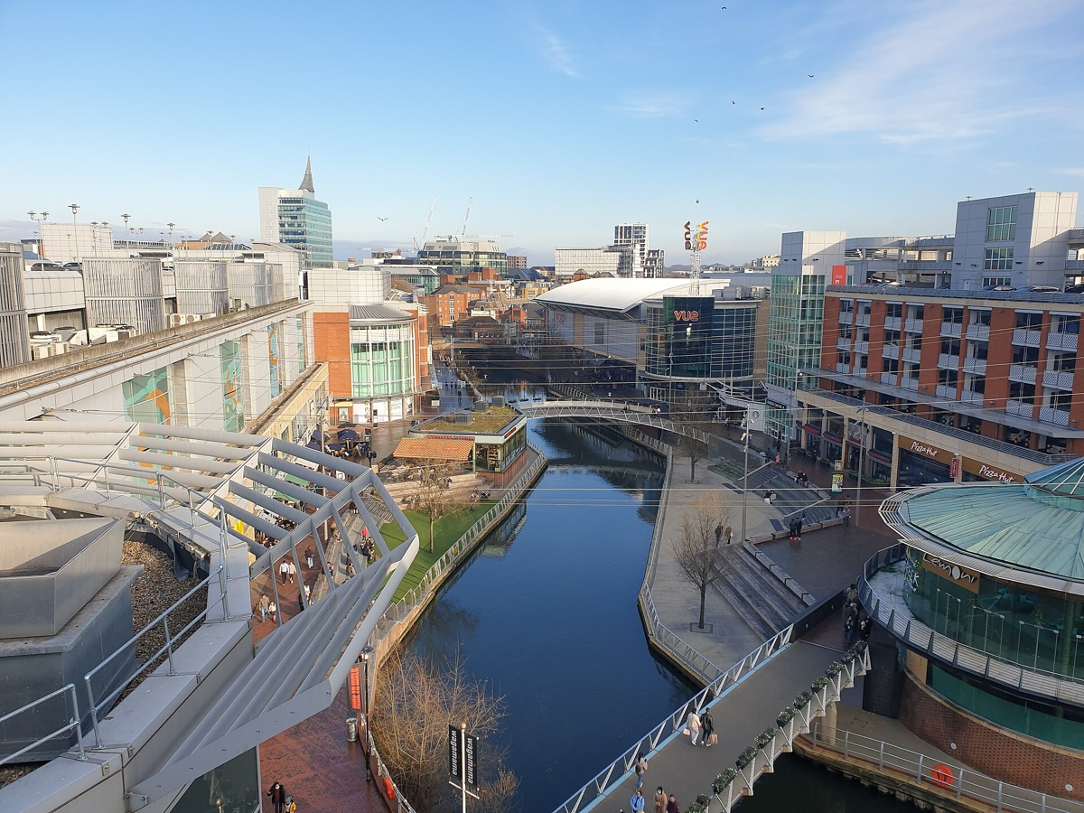 The River Kennet running through the Oracle Riverside in Reading town centre, seen from above
