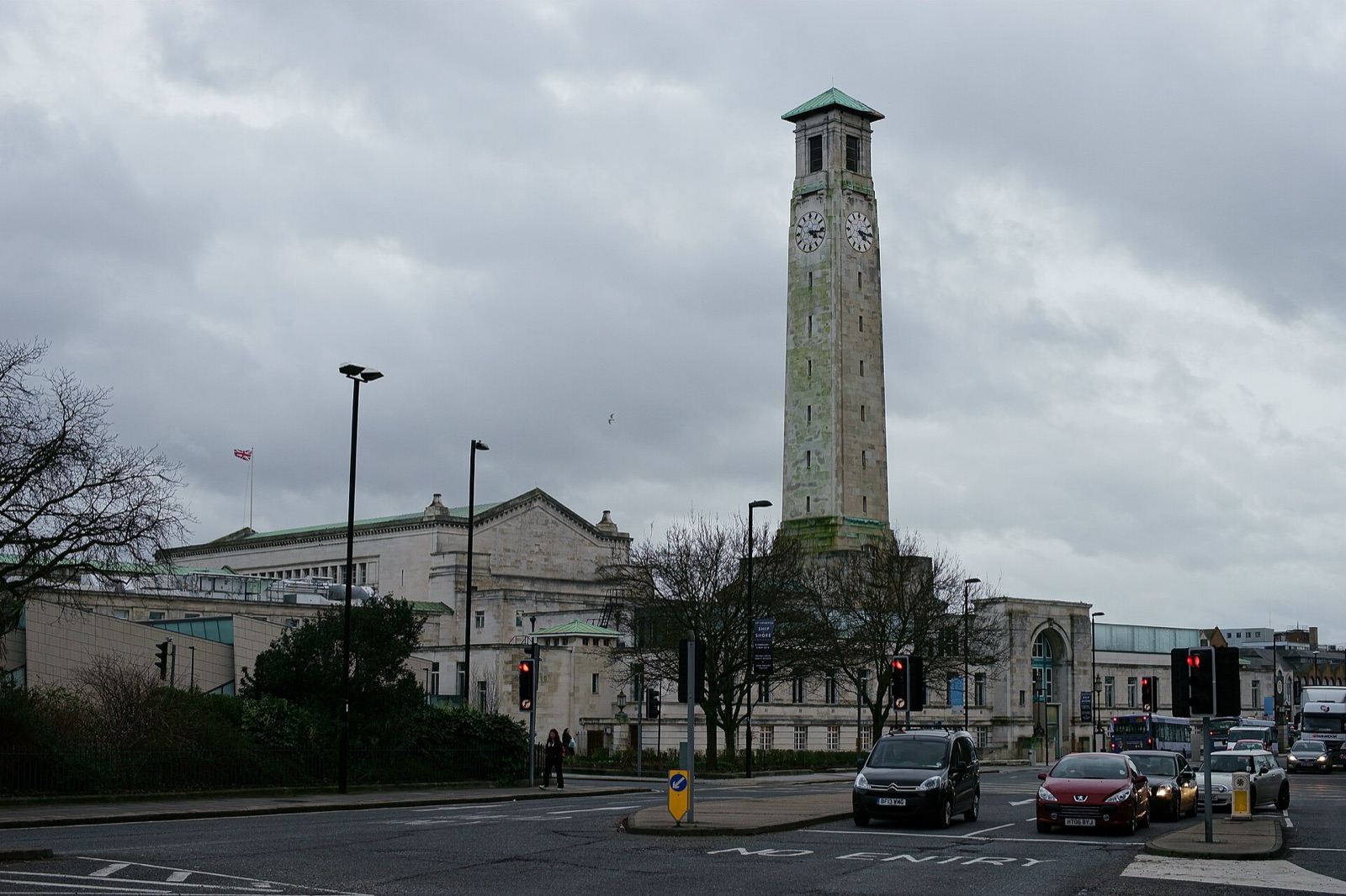 Southampton Civic Centre and its clock tower, seen across a city centre road