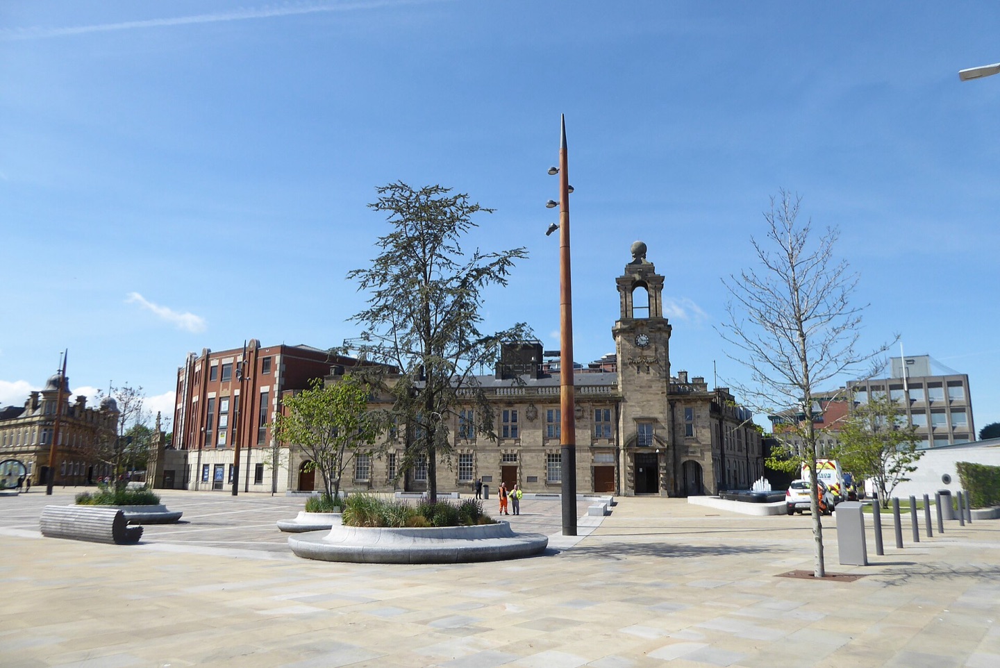 Keel Square in Sunderland city centre, a paved public square with young trees and historic buildings