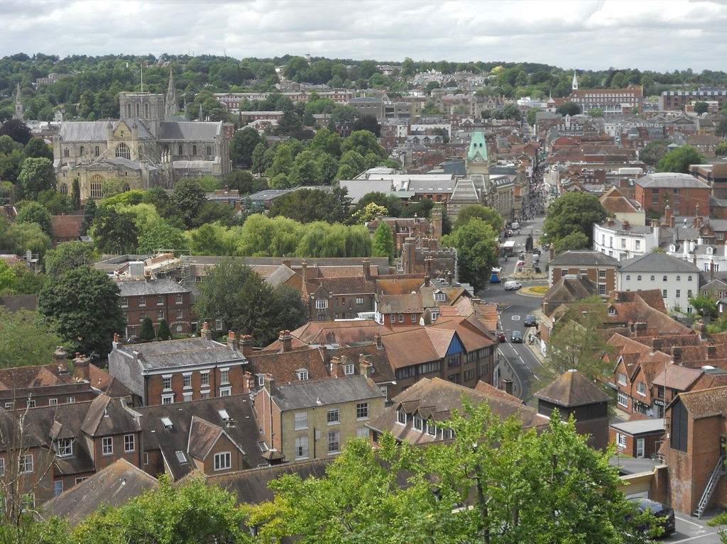 A view over Winchester from St Giles Hill, with the cathedral among the rooftops