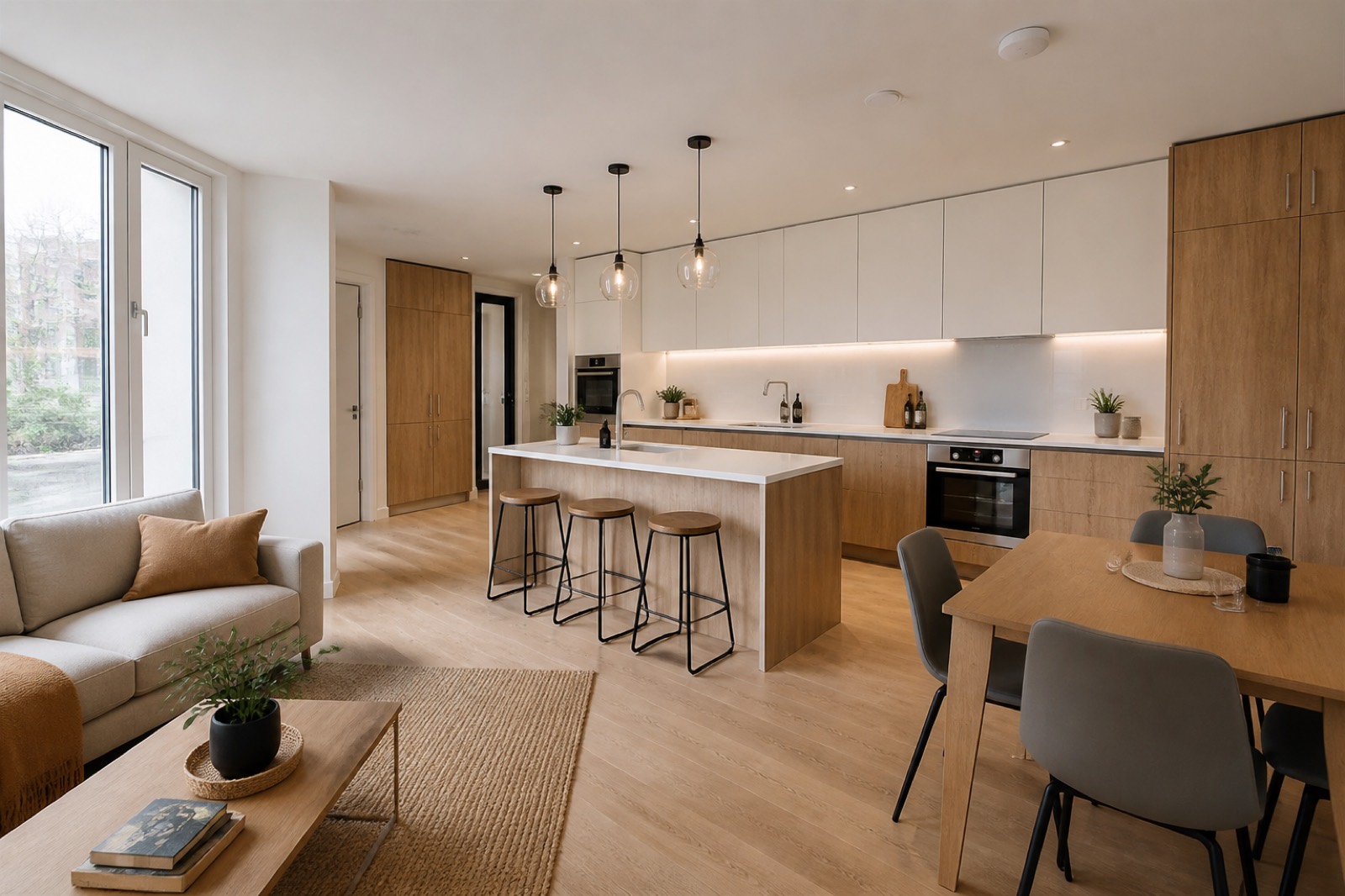 An open-plan cluster flat kitchen and living space