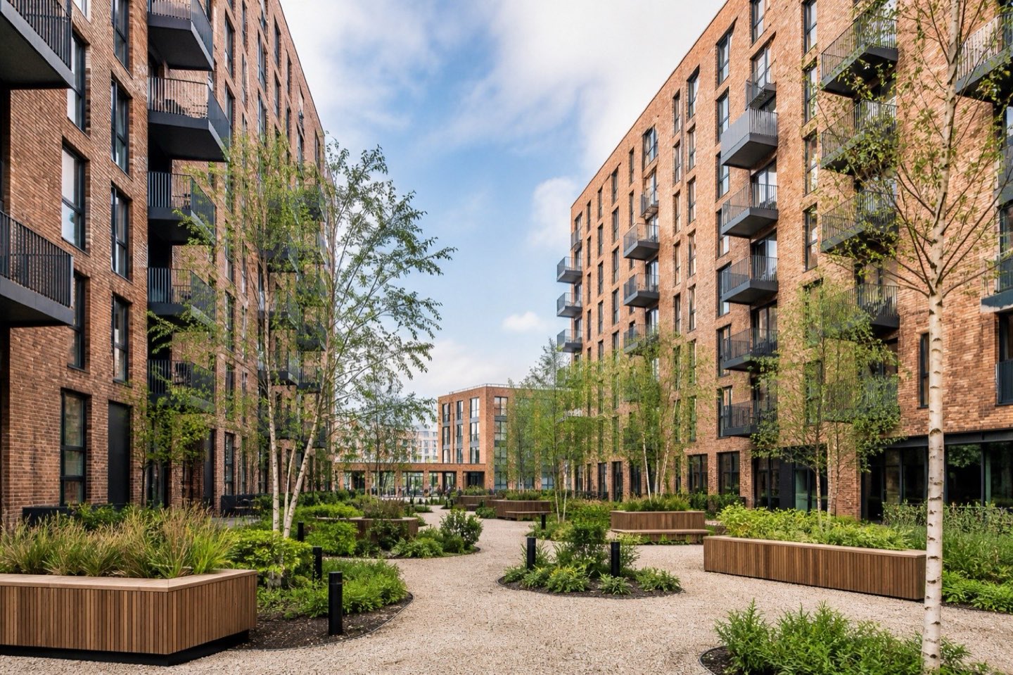 The landscaped courtyard of a brick student accommodation scheme