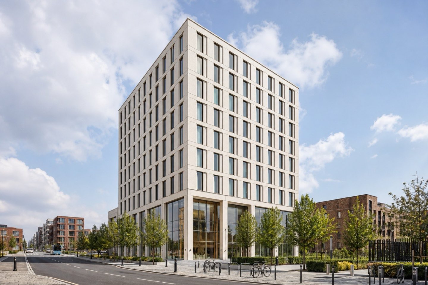 A ten-storey student accommodation block with a pale precast facade