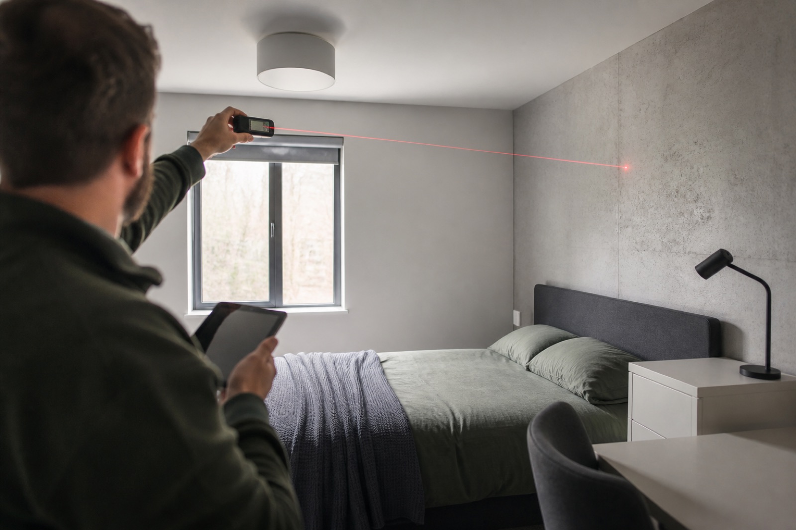 A surveyor measuring a completed student bedroom with a laser measure